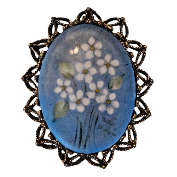 Vintage Blue Porcelain Painted Flower Cameo Style Brooch with Pendant Option - Picture 1 of 6